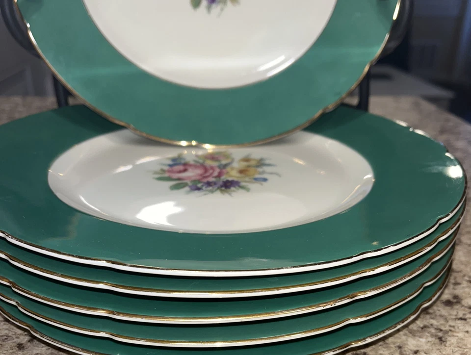 Plato de Cena Marfil Real KPM 10.50" Centro Blanco Floral Verde Banda Borde Dorado De Colección Foto 2 de 4