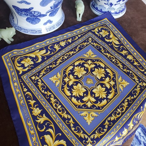 Italian Designer Silk Scarf Small for Neck Purse Pocket 100% Silk Blue & Gold - Picture 3 of 24