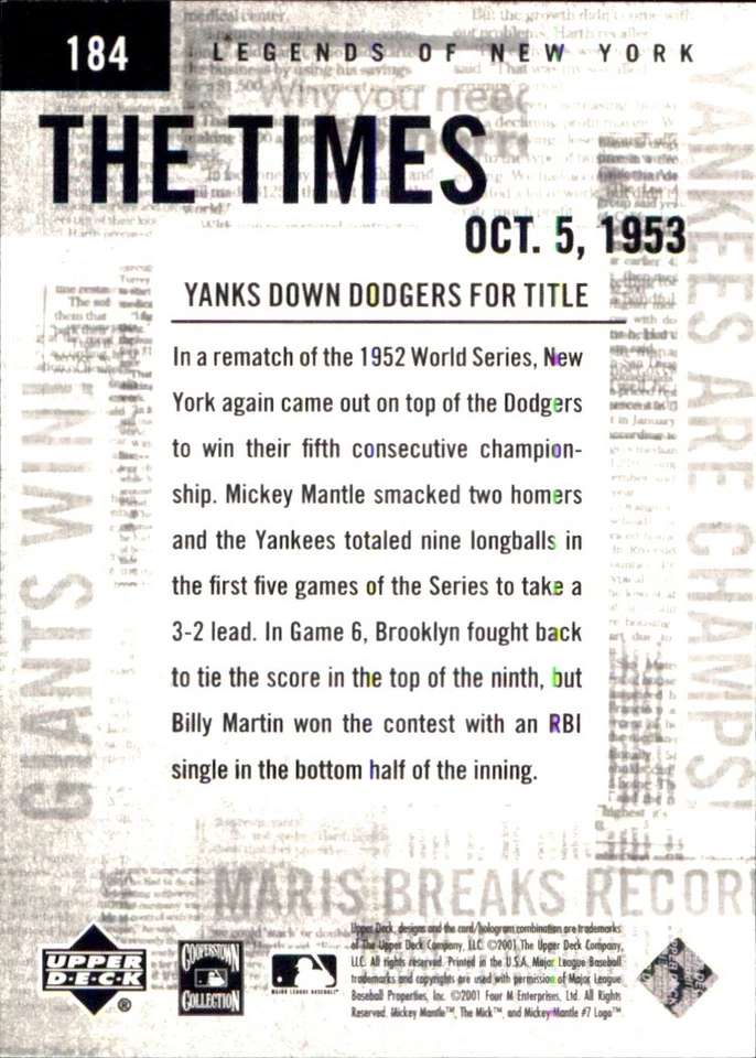 2001 Upper Deck Legends of NY    ⚾ Base Cards ⚾ YOU PICK Stars Commons NEW YORK - Image 2 of 4