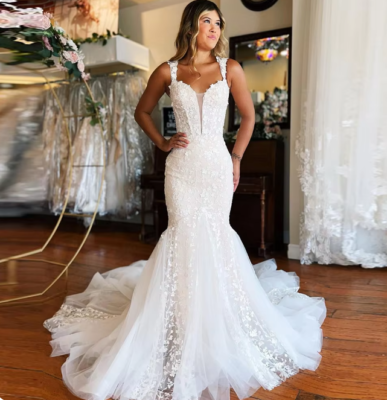 Elegant Mermaid Wedding Dresses V-Neck Spaghetti Strap Lace Tulle Bridal Gowns | eBay Elegant Mermaid Wedding Dresses V-Neck Spaghetti Strap Lace Tulle Bridal Gowns | eBay