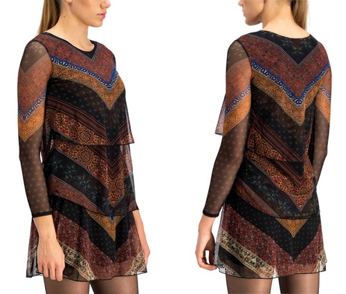 Desigual Ocrida Womens Mesh Long Sleeve Multilayer Short Dress Size M