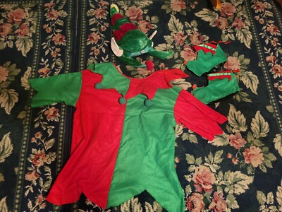 Adult 1 size  Christmas costume Santa's Elf hat w/ ears shoe covers smock top