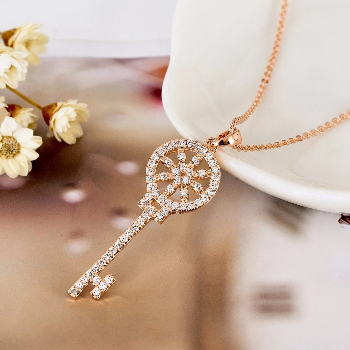 Stunning 18K Rose Gold Filled Lady Lab Diamond Key Pendant