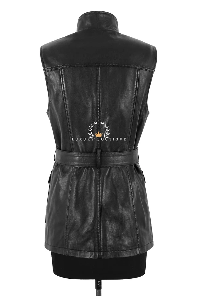 Womens Leather Waistcoat Trench Gilet Black Long Classic Style Waist Belted Vest - Image 3 of 4