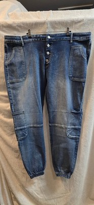 5XL Women's Dark Blue Denim Jogger Pants with Button Fly and Elastic Ankles