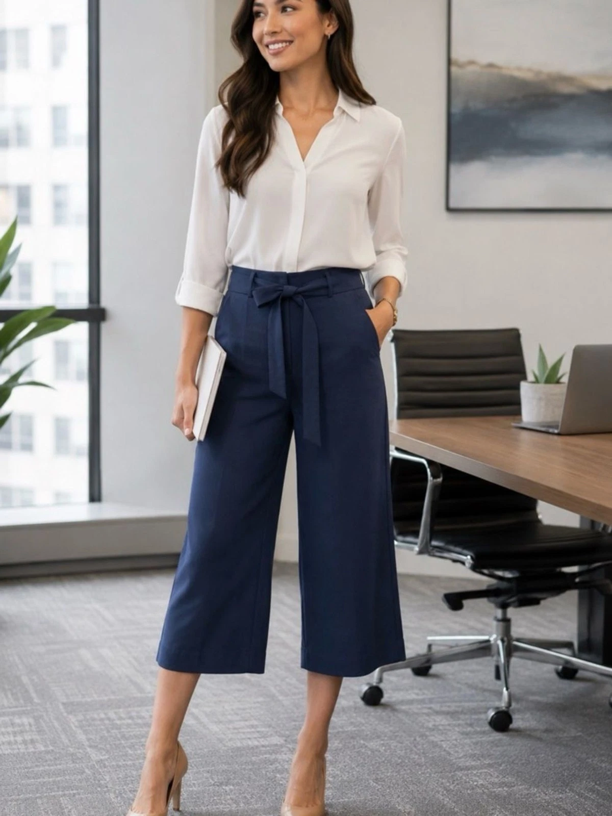 LOFT Outlet Petite Blue Tie Waist Wide Leg Capri Pants 2P