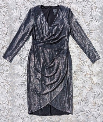 Adrianna Papell Sexy Retro 50s 90s Silver Metallic Tulip Cocktail Wiggle Dress