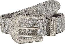 Womens-Rhinestone-Western-Cowgirl-Belt - Silver Glitter Diamond Western Belt for