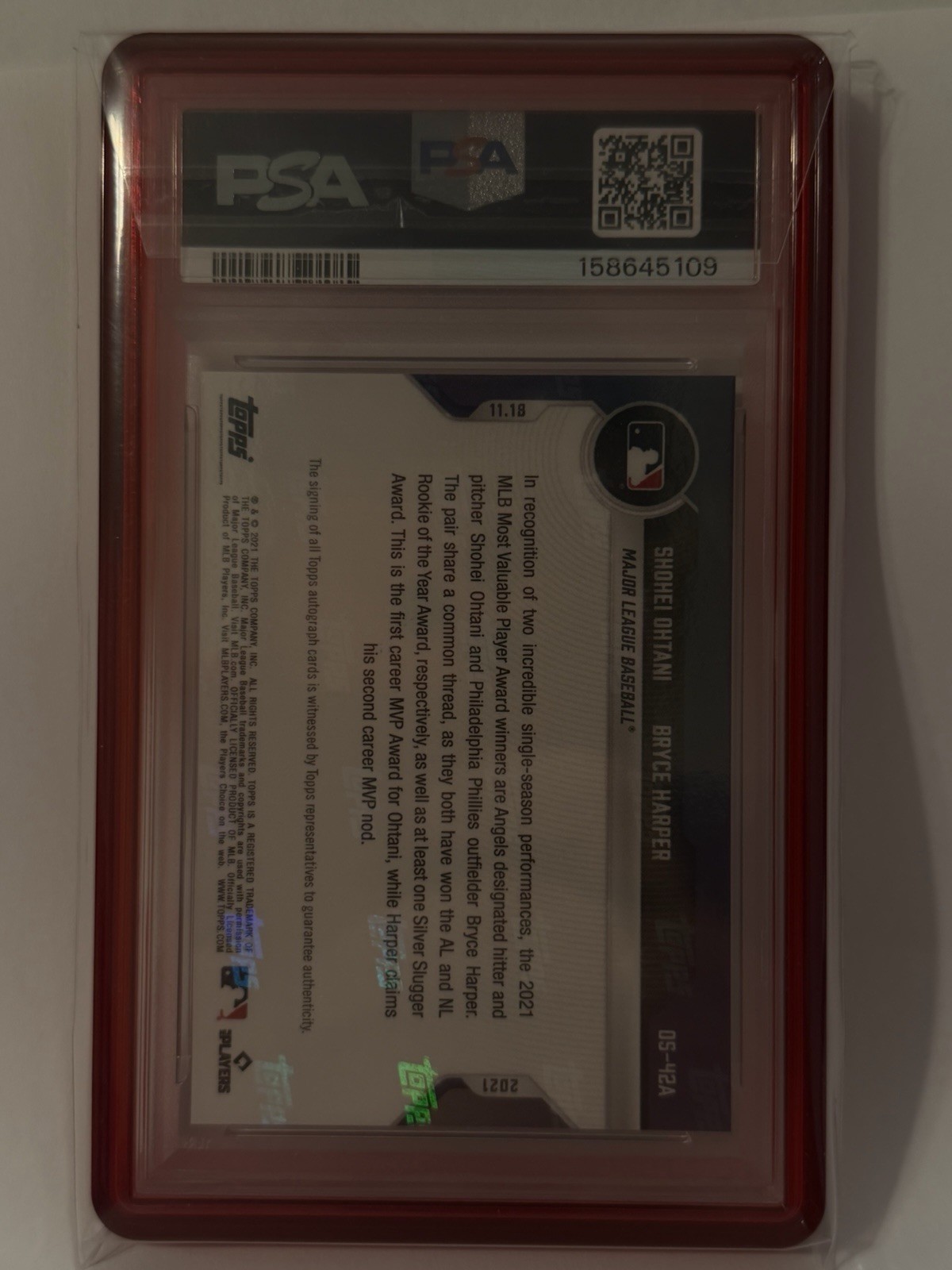 Shohei Ohtani Bryce Harper MVPs Topps 2021 Topps Now Off-Season Auto PSA 10 /99 view 4