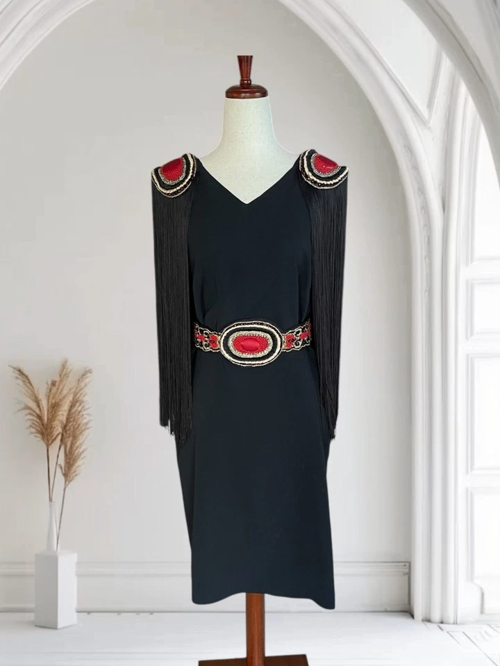 Vestido De Colección La Perla Negro Cuentas Charretera Largo Flecos Escote Espalda Abierta IT 44 US 8 Foto 3 de 4
