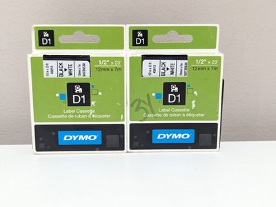(2) Dymo 45013 Black & White 0.5'' x 23 Ft D1 Label Cassette Tape Roll Cartridge