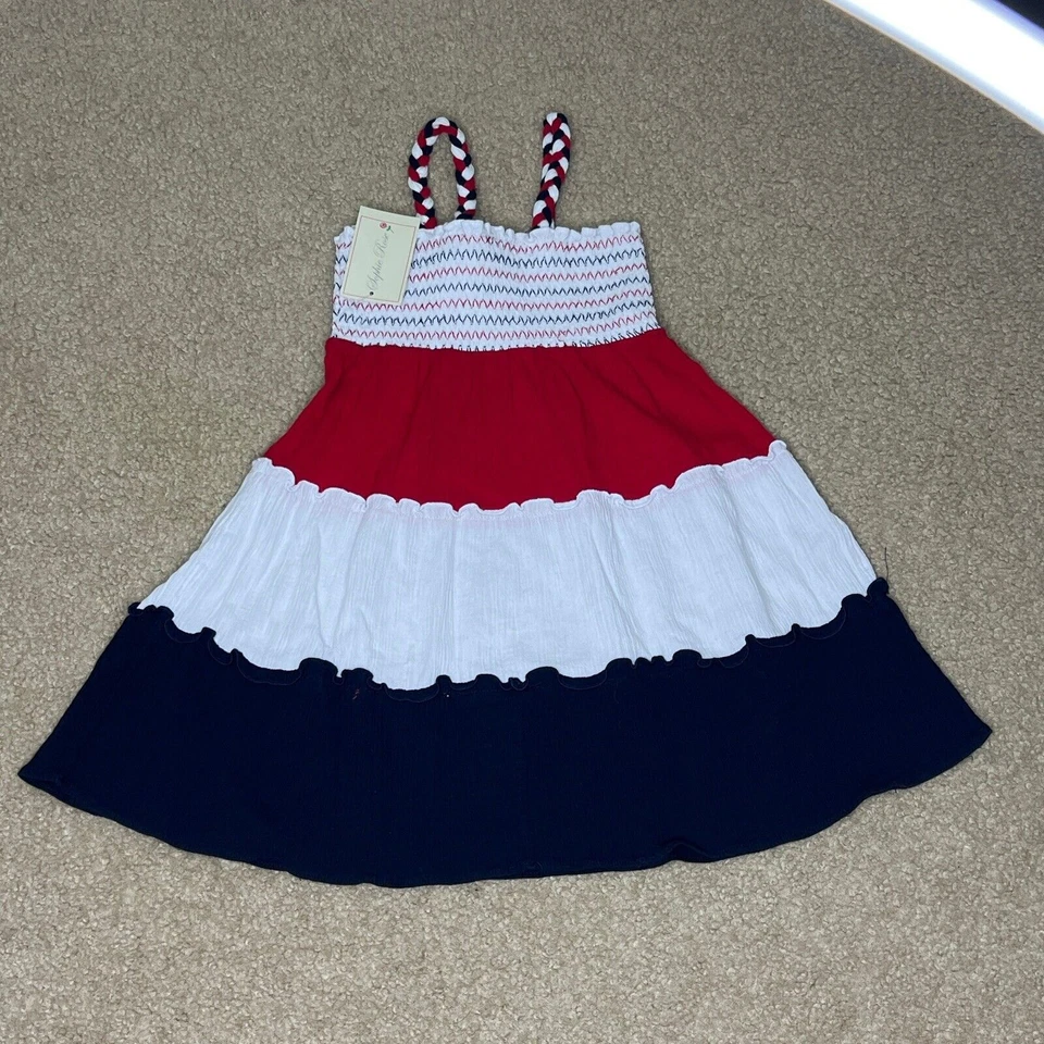 NUEVO Vestido Sophie Rose Niñas Talla 5 Calado Estrellas Patrióticas Rojo Blanco Azul Foto 3 de 4