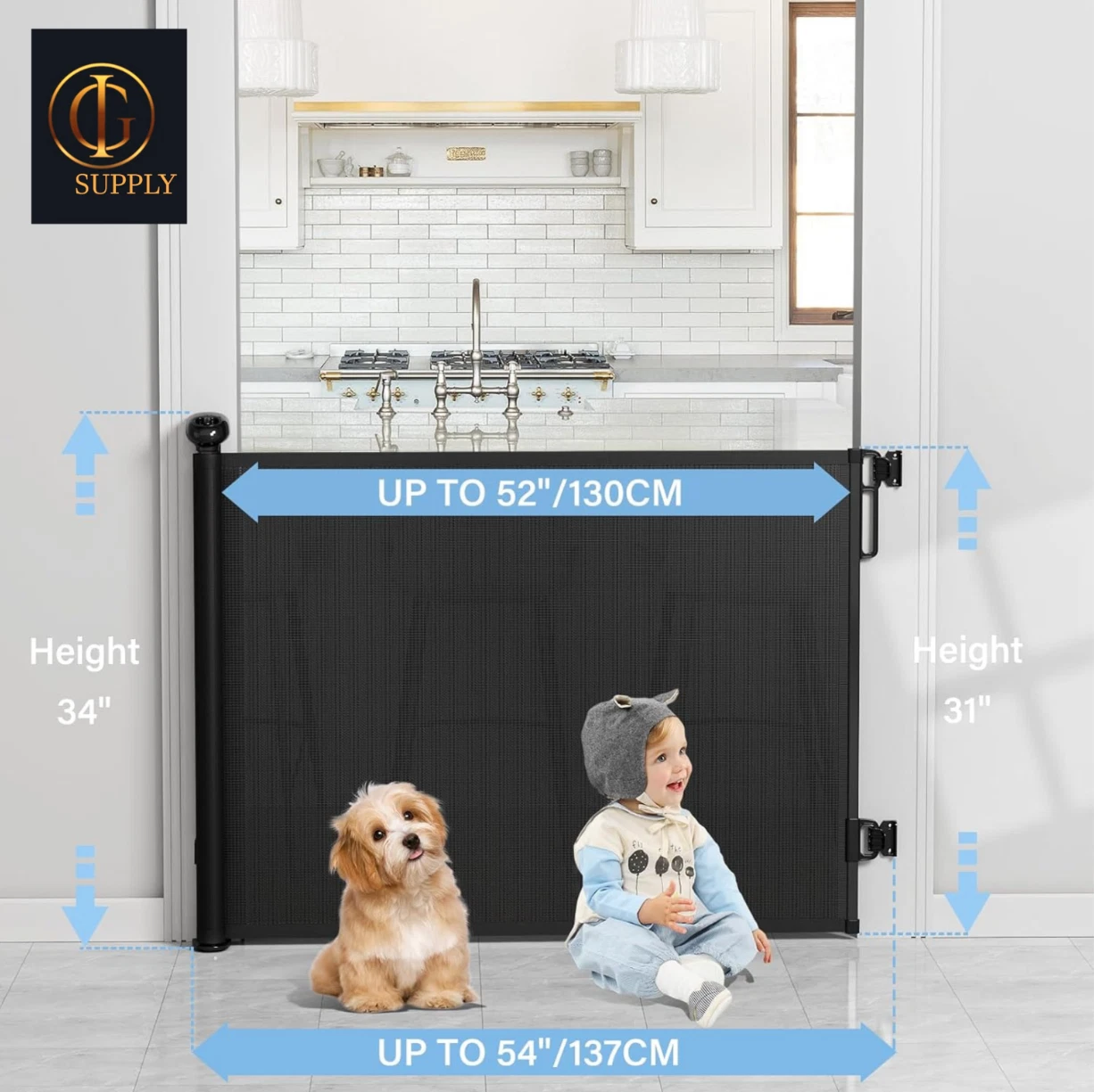Probebi Retractable Baby, Child & Dog Gates for Stairs, Extends to 54" Wide 34"