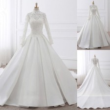 Satin Muslim Wedding Dresses Long Sleeve High Neck Lace Appliques Bridal Gowns