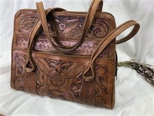 Mexican Aztec Sun Calendar Hand Tooled Leather Purse Handbag Satchel Vintage Bag
