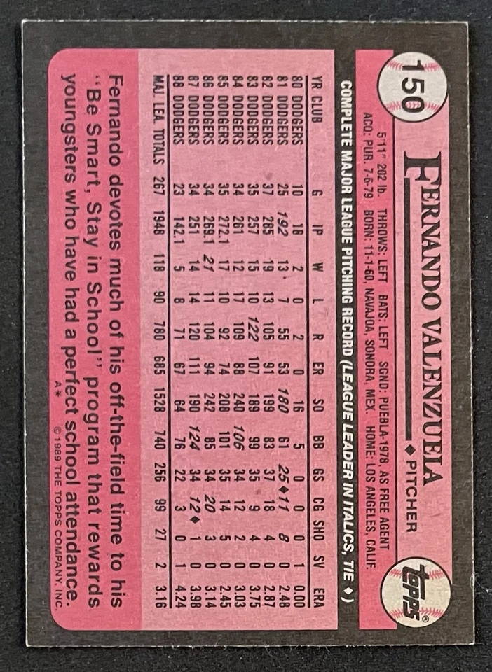 1989 Topps Fernando Valenzuela Auto #150 Los Angeles Dodgers - Image 2 of 2