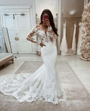 Elegant Mermaid Wedding Dresses Lace Applique Long Sleeves Bridal Gowns Train