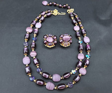 Vintage Hobe Shades of Purple Necklace & Clip-On Earrings Art Glass Crystal Set