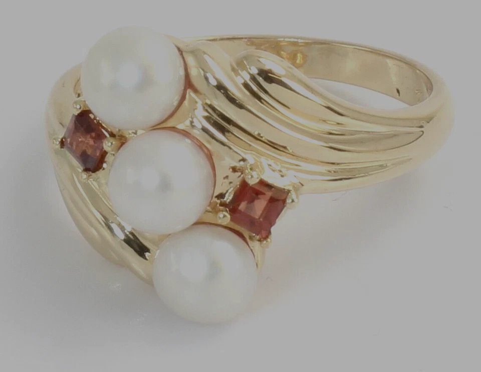 Anillo de cóctel vintage de oro de 14k corte princesa naranja gema y perla damas talla 7 Foto 3 de 4