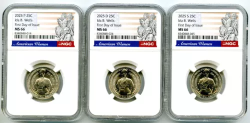 2025 P D S IDA B. WELLS QUARTER SET NGC MS66 FIRST DAY OF ISSUE
