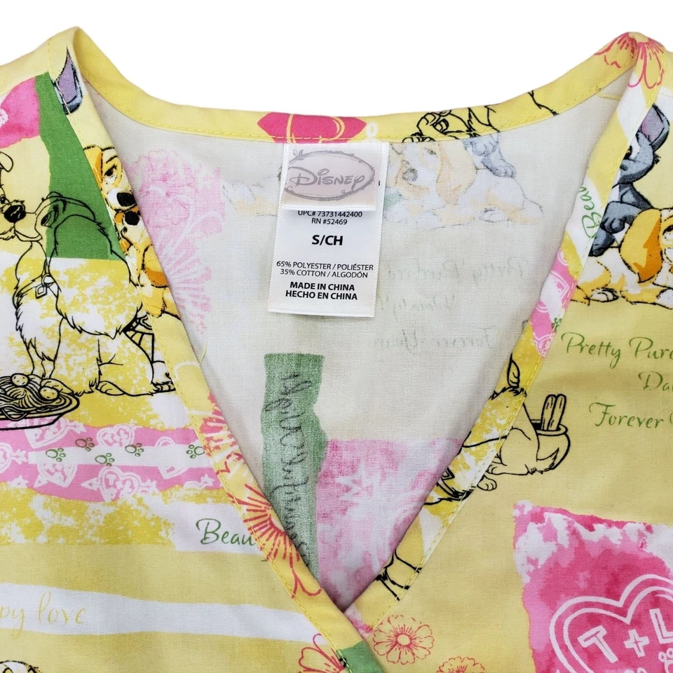 Disney Lady And The Tramp Women's Scrub Top Size S Yellow Poly Cotton Blend - Image 3 of 4