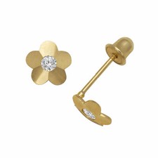 Baby Girl White Sapphire Flower Stud Earrings Screw Back 14K Solid Yellow Gold