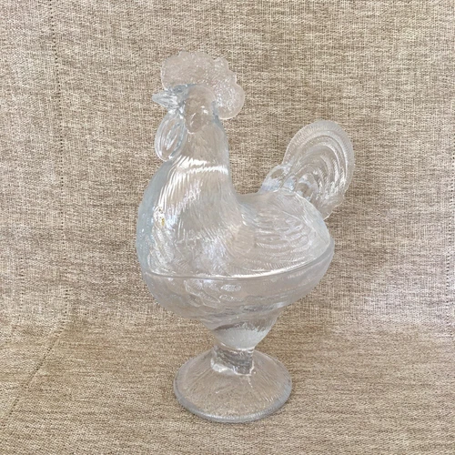 Vintage L.E. Smith Clear Glass Rooster Covered Candy Dish Chicken Nest
