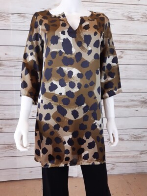 Aina Be Womens Long Tunic Size M Brown & Black Animal Print 3/4 Sleeves Top 