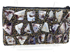 1950-60s BEADED Clutch PURSE-SHELL Decor ABALONE MOP Zipper Top-Lined 8"x4.5"