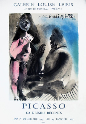 PABLO PICASSO 172 Dessins Recents 28.25'' x 19'' Lithograph 1972 Cubism Pink, Blue