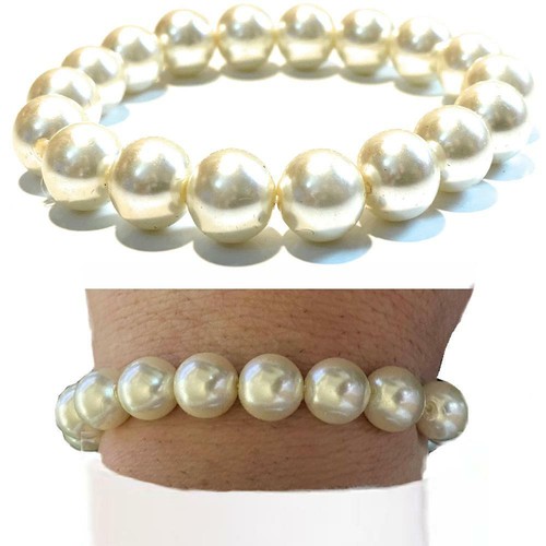 Bracciale di perle da donna elastico braccialetto con perla bianca 10 mm - Foto 5 di 7