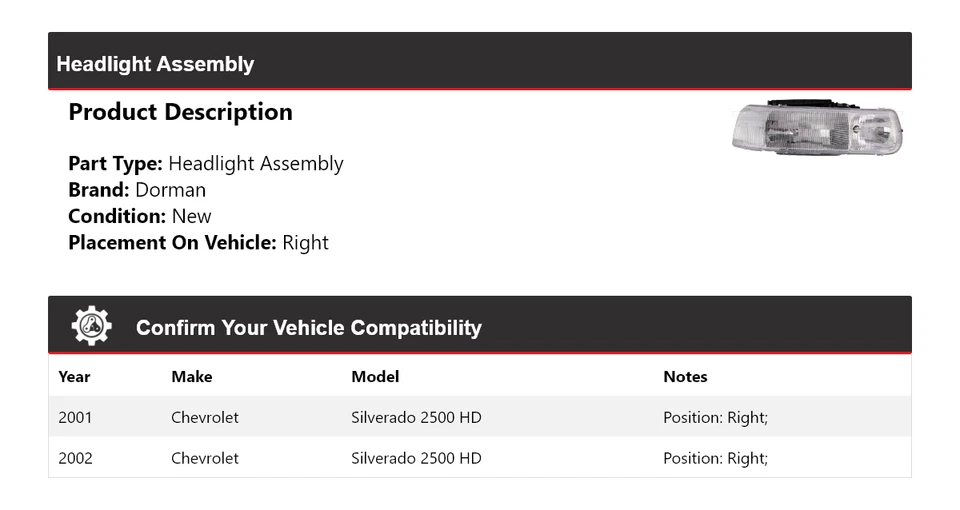 For 2001-2002 Chevrolet Silverado 2500 HD Dorman Headlight Assembly Right - Image 2 of 4