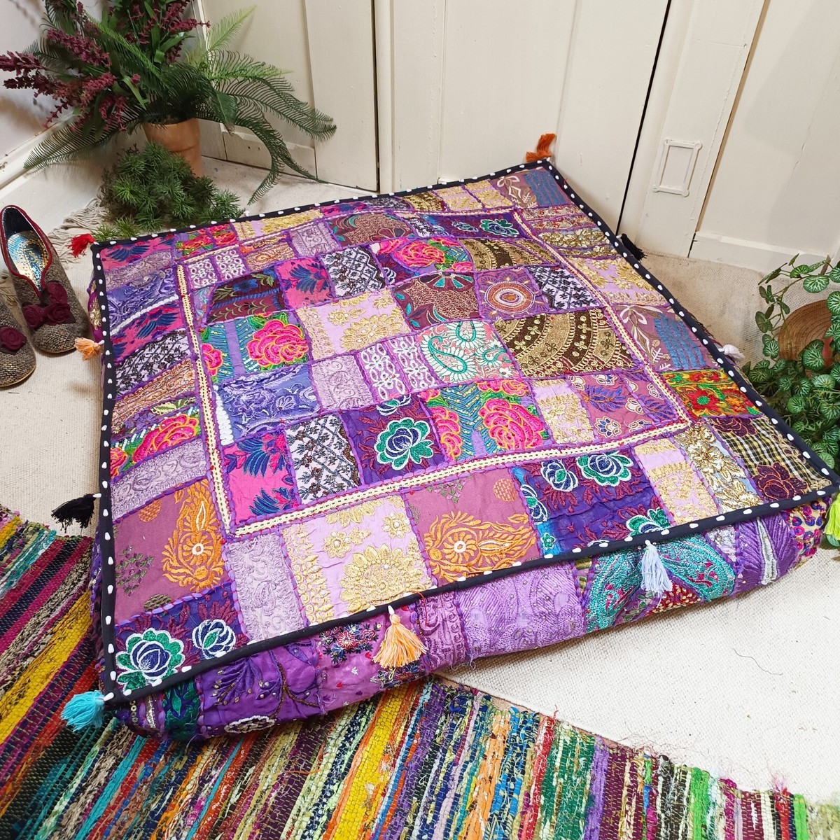 Purple Embroidered Patchwork Floor Cushion Cover 80cm Square Yoga
