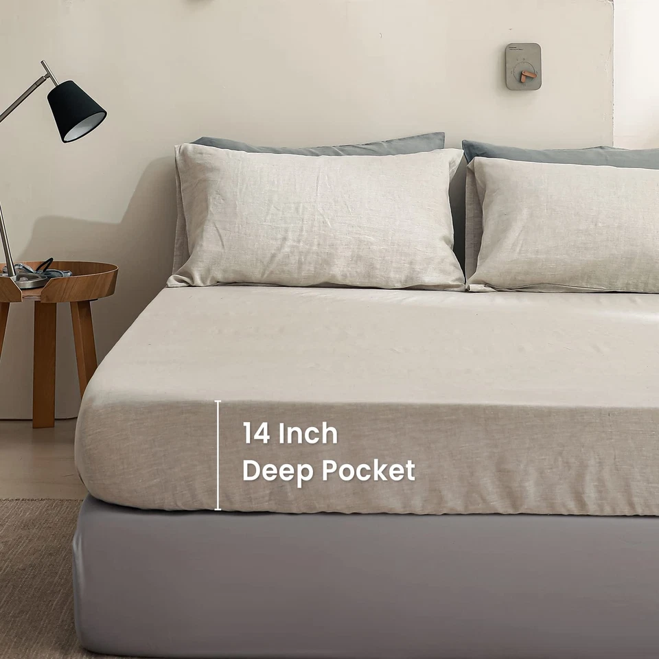 Sábana ajustable King 100 % lino lavado a la piedra color liso - (1 pieza) 14 pulgadas Foto 4 de 4