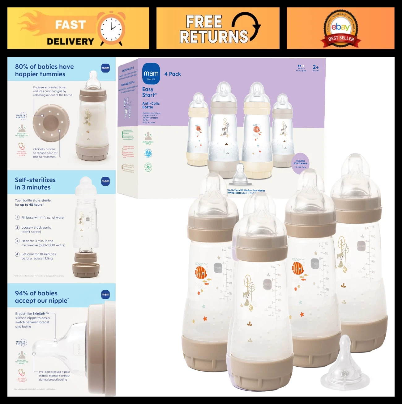 Anti-Colic Baby Bottles 9oz, Medium Flow + Bonus Fast Flow Nipple, BPA-Free, Eas