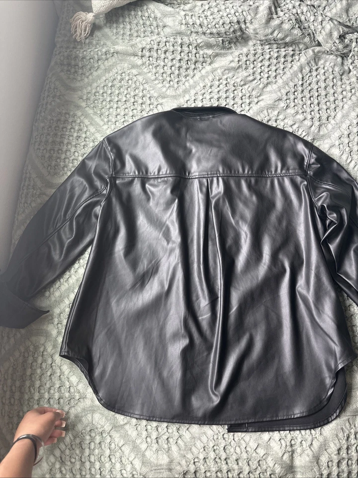 American Eagle Oversized Black Vegan Leather Jacket, Lined w/ Fleece Size Large