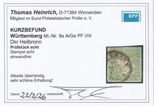 W&uuml;rttemberg Nr. 8a Plattenfehler VIII EINWANDFREI BEFUND BPP Heilbronn 30.5.1858