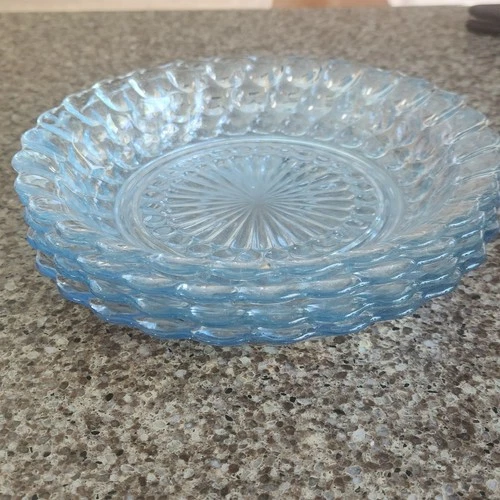 Vintage Anchor Hocking Blue Bubble Depression Glass Coupe Soup Bowls 7.75" Set 4