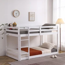 Twin over Twin Low Bunk Bed Frame with Ladder and Guardrail for Kids Bedroom