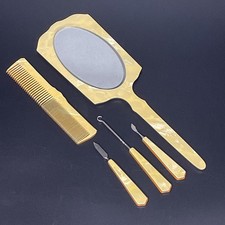 1930-40's Art Deco 5 pc Vanity Set Marbled Celluloid Mirror Comb Grooming Tools