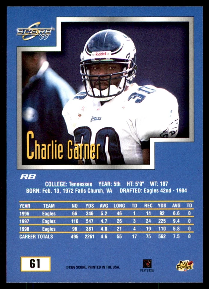 Charlie Garner 1999 Score #61 Eagles NFL READ FREE SHIPPING AutographDen - Image 2 of 2