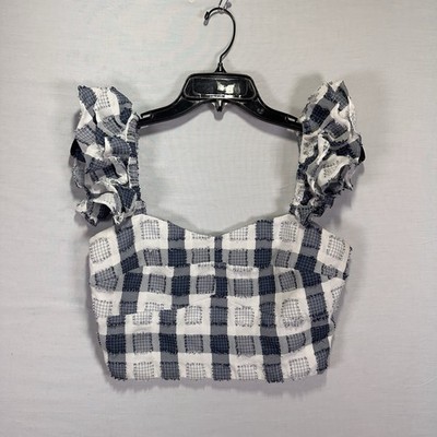 Day + Moon Women's White/Blue Cropped Tank Size Medium Plaid Top Sleeveless