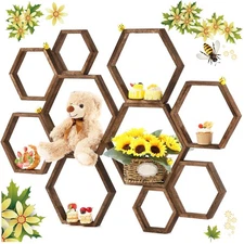 10 Pcs Honey Comb Decorations 5 Sizes Wood Hexagon Shelves Honeycomb Centerpi...