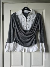Stunning Vintage Blouse Faux Wrap White and Grey with Lace Size 14