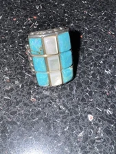 Navajo sterling silver turquoise mother of pearl ring size 7.5-8 handmade 925
