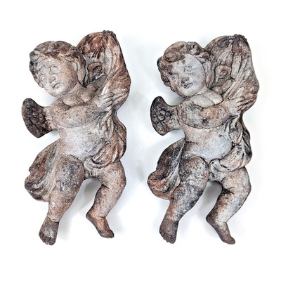 Pair VTG Cherub Angel Celestial Concrete Cement Stone Outdoor Gothic Patina Wall
