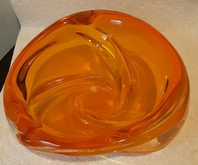 Vintage Orange Heavy Chalet 3 Ribbed Art Glass Bowl Signed mid Century Art Glass
