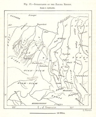 Einwohner der Region Zariba. Sudan. Skizzenkarte 1885 alte antike Karte