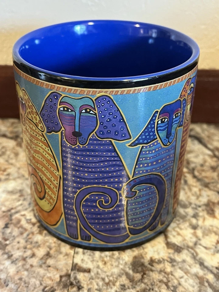 Taza de café de cerámica Laurel Burch Dogs (2014) colección artística azul/negro BONITA Foto 2 de 4
