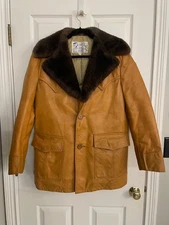 Vintage Schott Leather Coat Mens 40 Tan Brown Down Lined Faux Fur Collar Retro